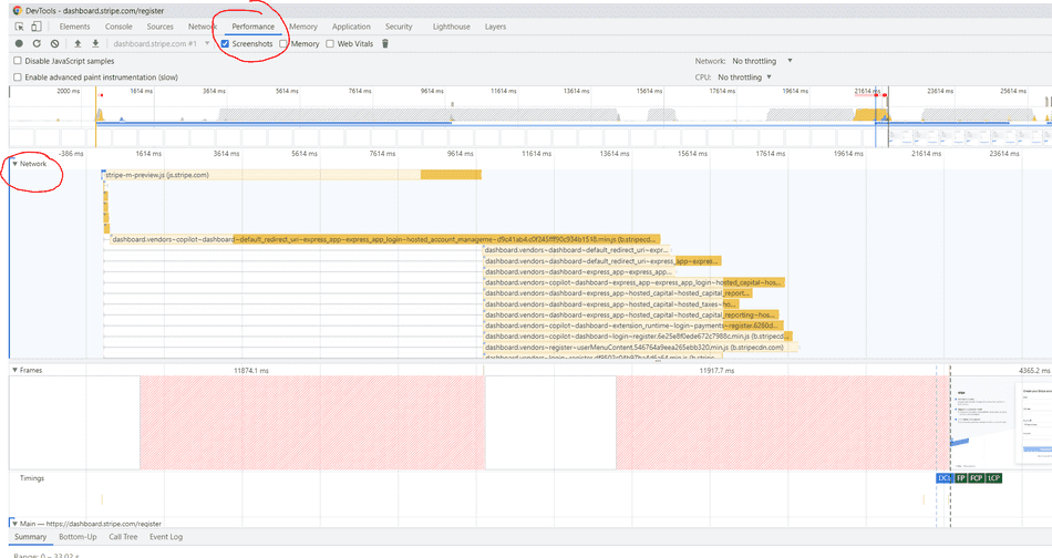 A screenshot of the Chromium F12 Profiler, with the Network Pane circled