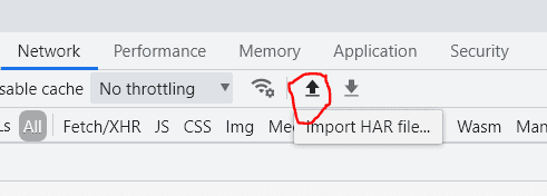 A screenshot of the Chromium F12 Network Tab with the Import HAR button highlighted