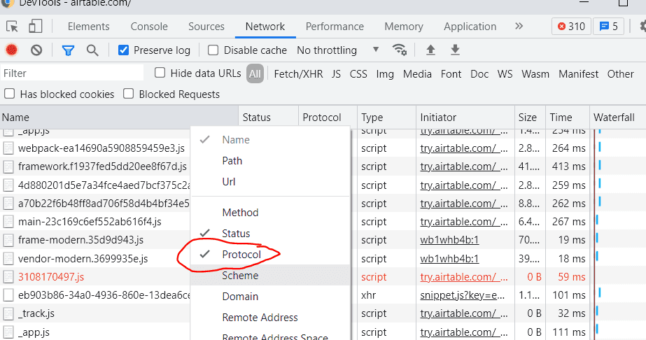 A screenshot of the Chromium F12 Network Tab with headers dropdown displayed