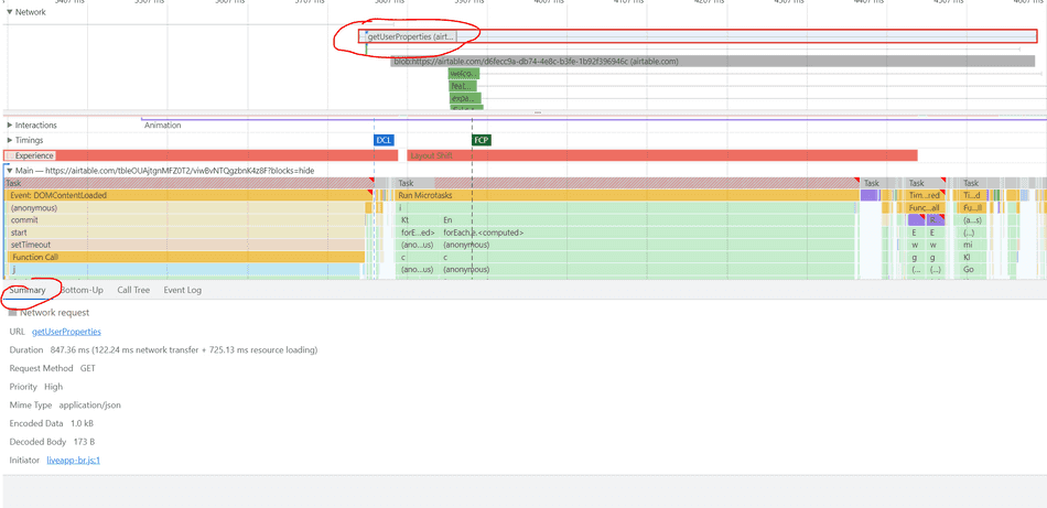 A Network Profiler request selected with summary metadata.