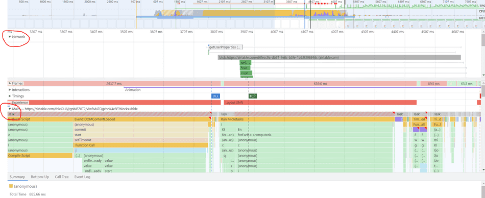 Selection Analysis Pane with only Main and Network sub-panes expanded