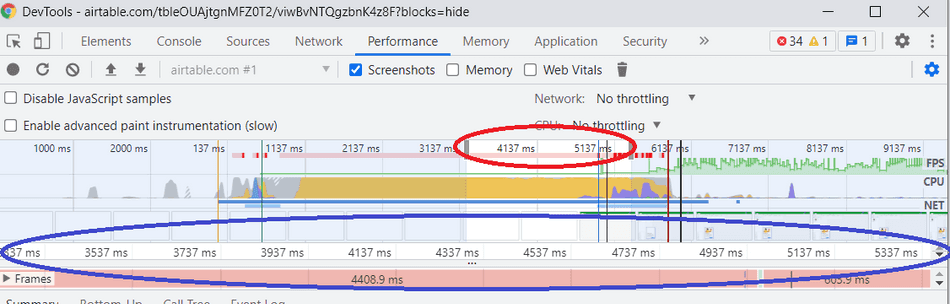 Selecting a section of the Trace Overview in the Chromium F12 Profiler UI