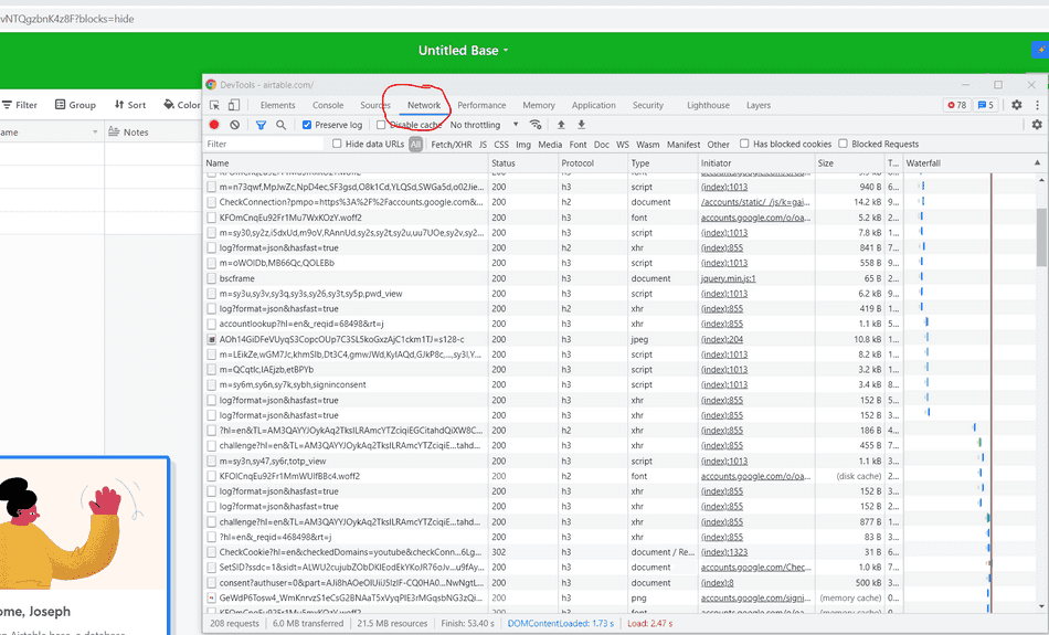 A screenshot of the Chromium F12 Network Tab