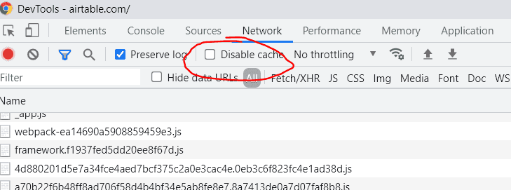 A screenshot of the Chromium F12 Network Tab with Disable Cache option highlighted