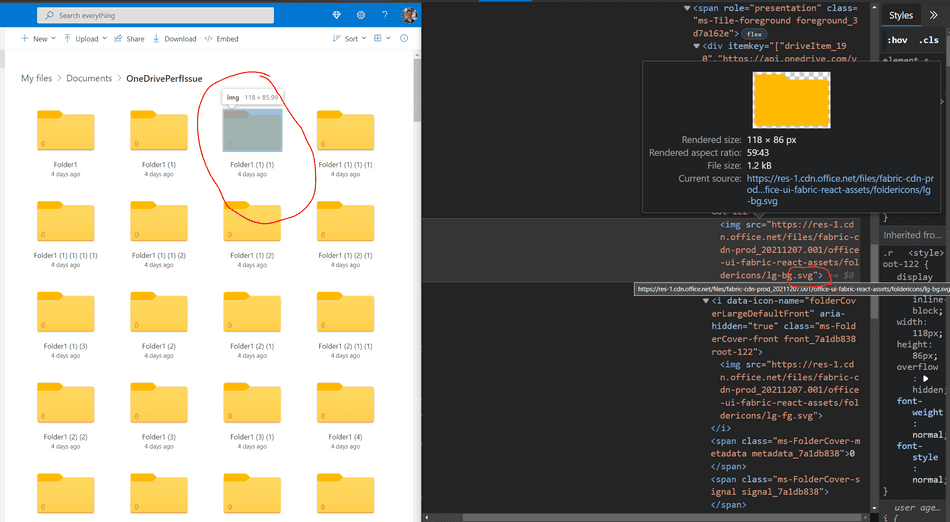 A screenshot showing the OneDrive Folder Icon as driven through an SVG.