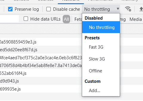 A screenshot of the Chromium F12 Network Tab with throttling dropdown displayed