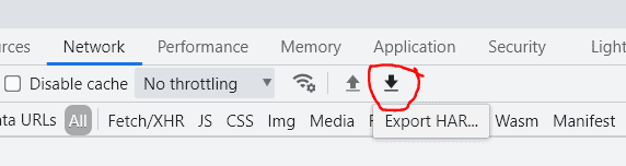 A screenshot of the Chromium F12 Network Tab with the Export HAR button highlighted