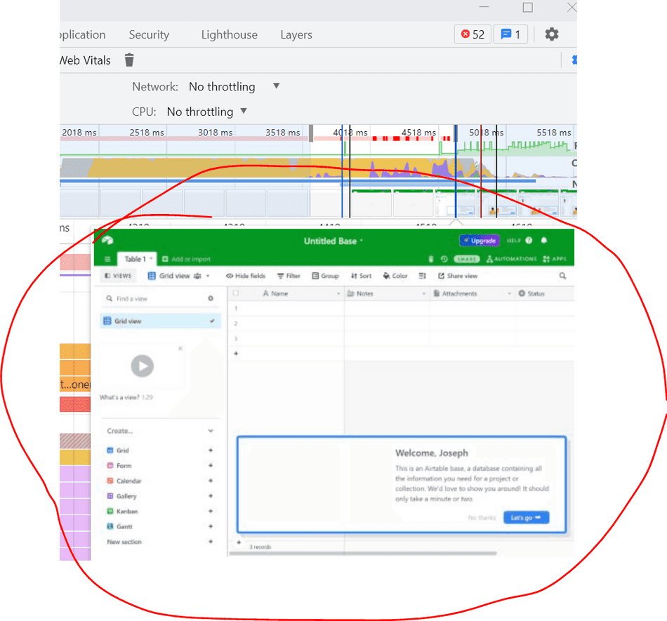 Selecting a section of the Trace Overview in the Chromium F12 Profiler UI