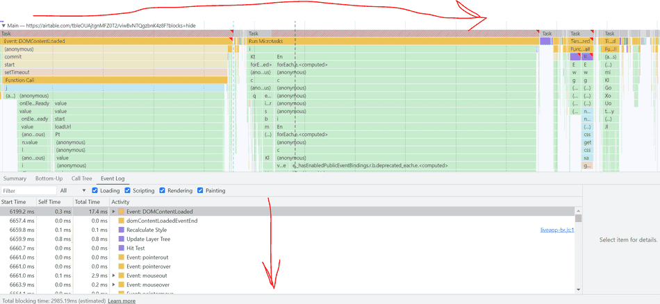 Details bottom pane event log tab with arrows denoting time