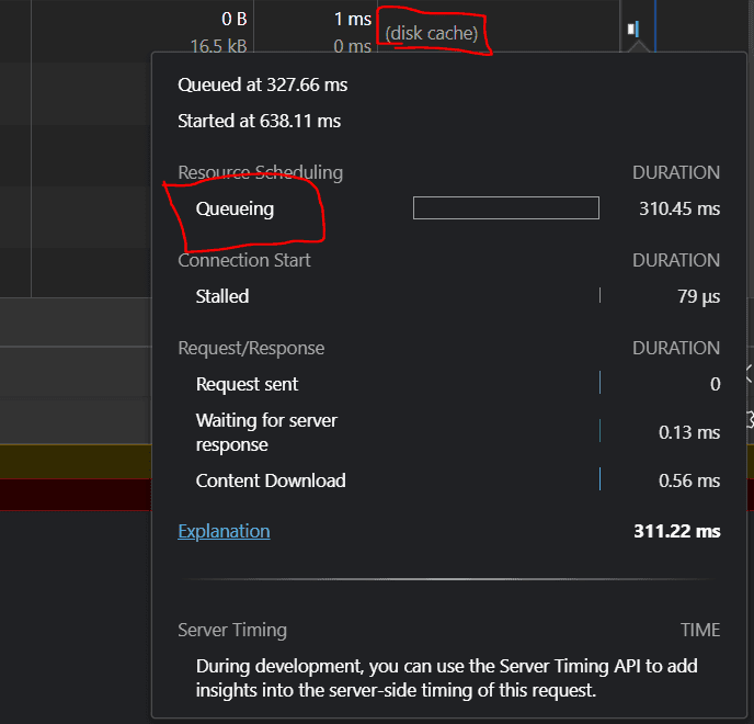 An image showing queueing time associated with loading a script from Disk