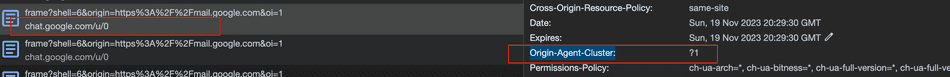 A screenshot of chat.google.com using origin agent cluster header
